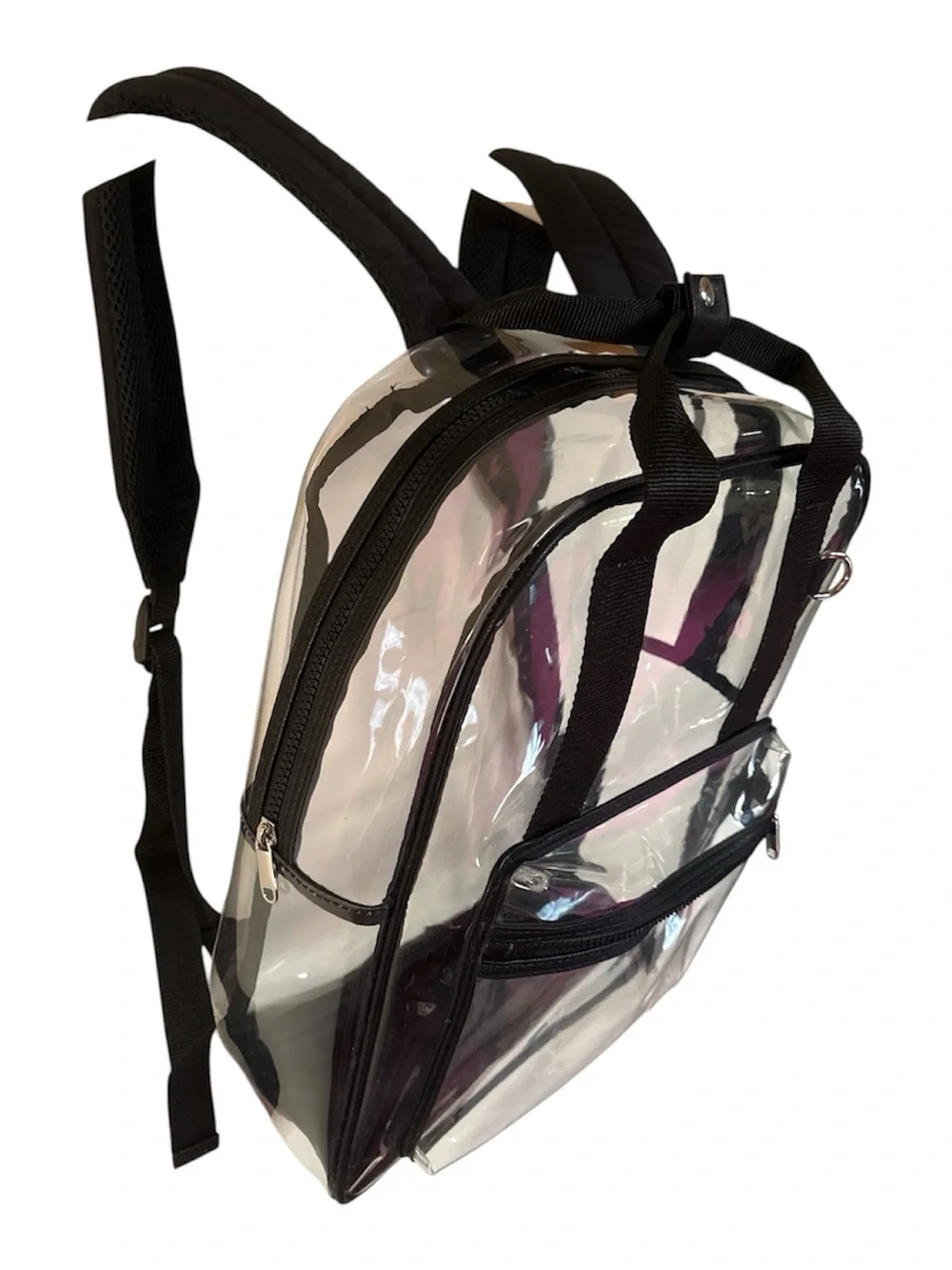 Clear plastic backpack book bag black adjustable straps tote
